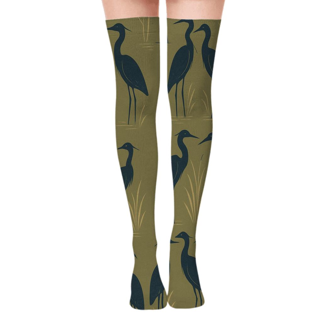 Heron Silhouette Reed Columns On Marsh Olive personalized over-the-knee socks