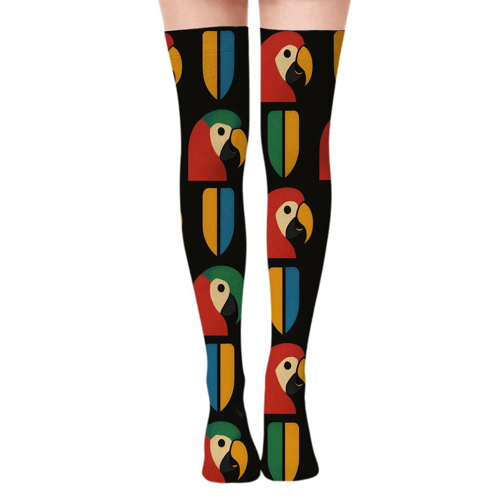 Macaw Beak And Tail Checker On Jet Black trendy patterned over-the-knee socks