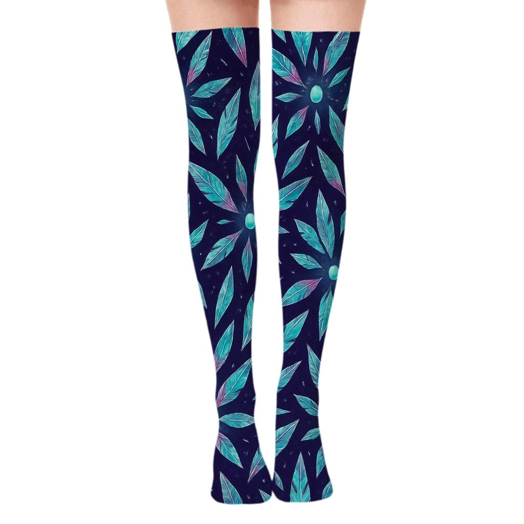 Fantasy Crystal Bird Feather Constellation On Night Violet unique graphic over-the-knee socks