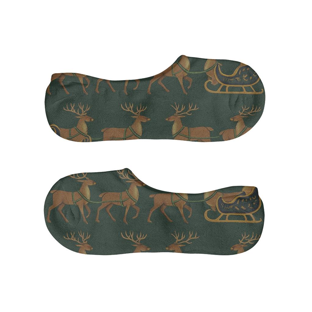 Reindeer Pair Sleigh Procession Border designer print no-show socks