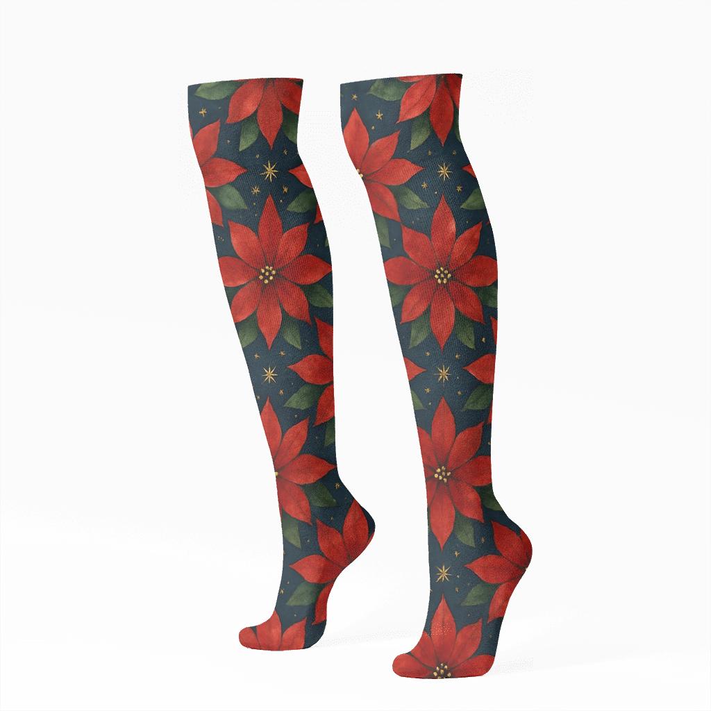 Crimson Poinsettia Star Lattice On Midnight Sky custom knee-high socks
