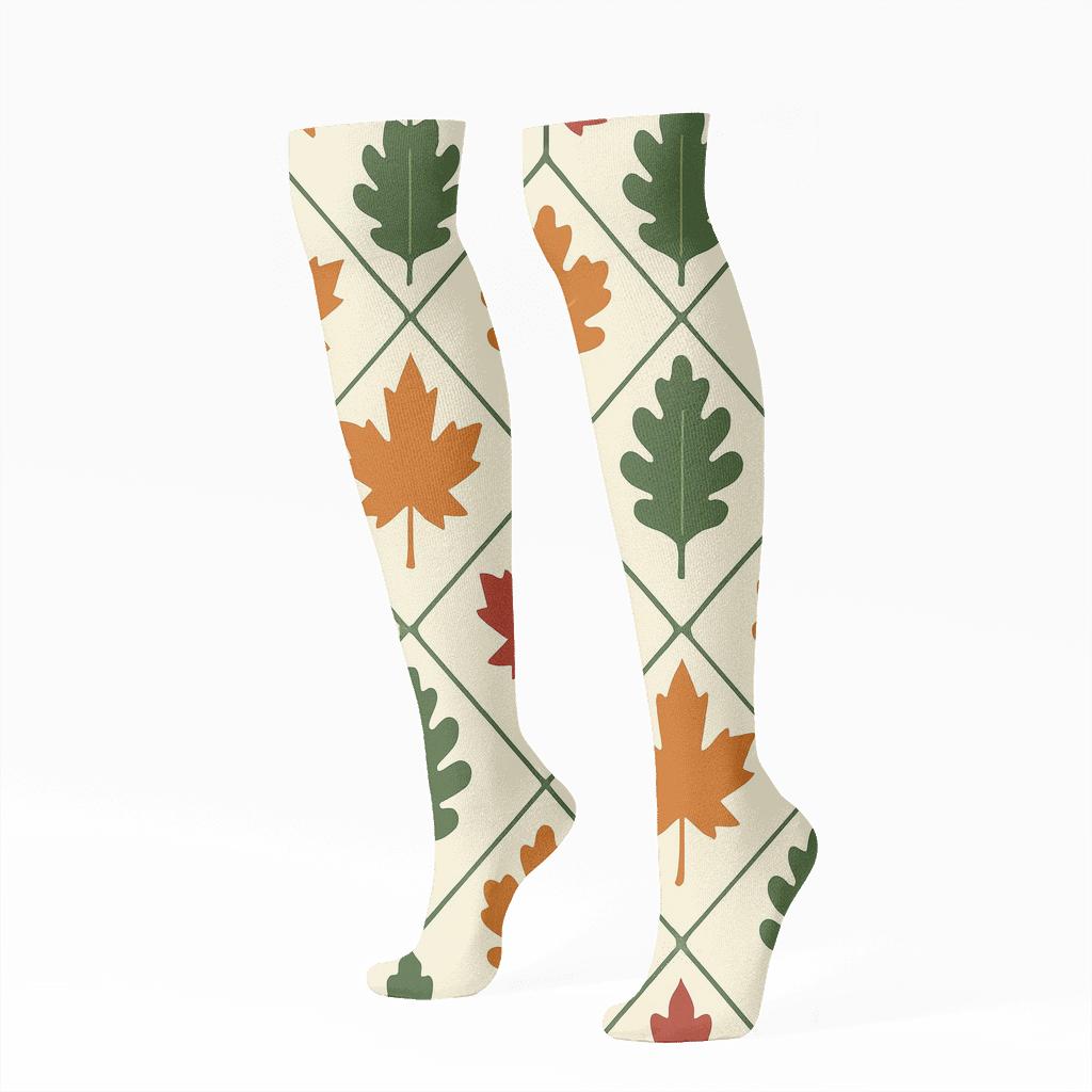 Burnt Orange Leaf Silhouette Lattice designer print knee-high socks