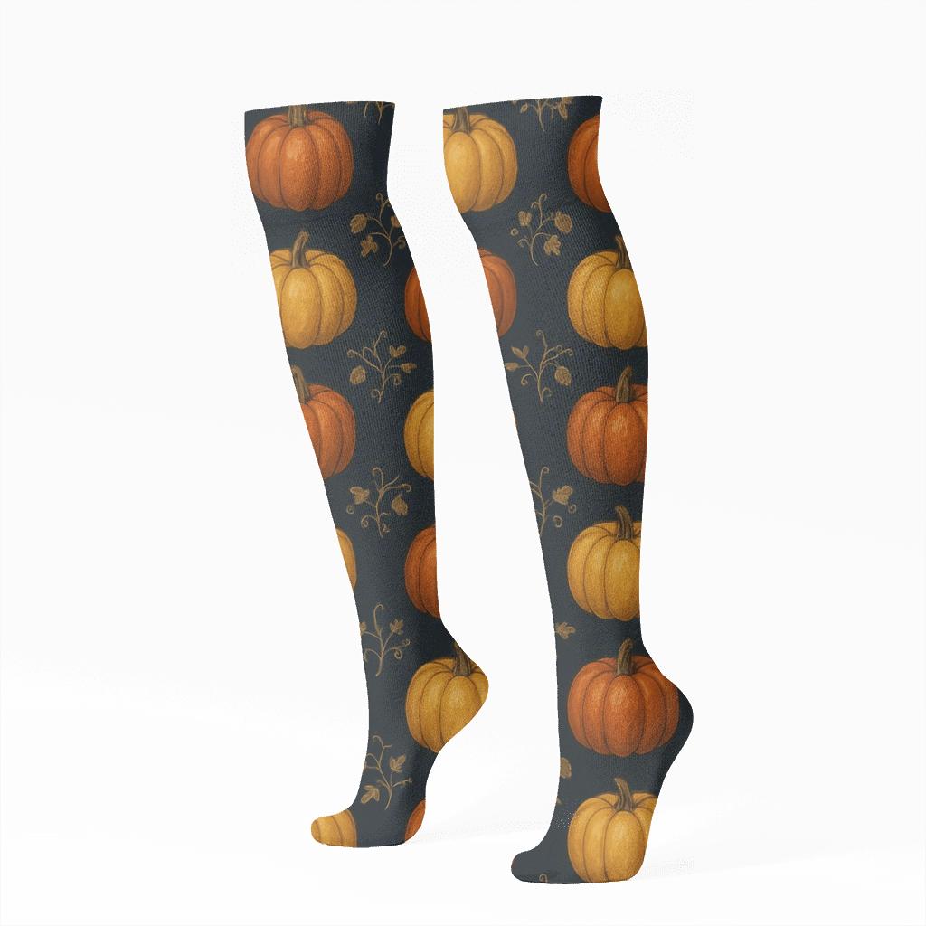 Pumpkin Patch Checkerboard On Midnight Field premium sports knee-high socks