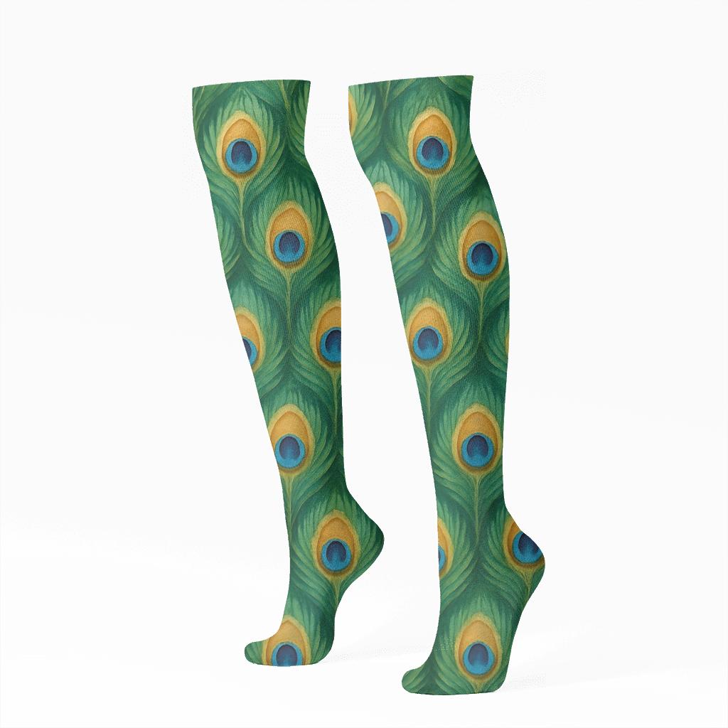 Peacock Feather Fan Tessellation On Jewel Green designer print knee-high socks