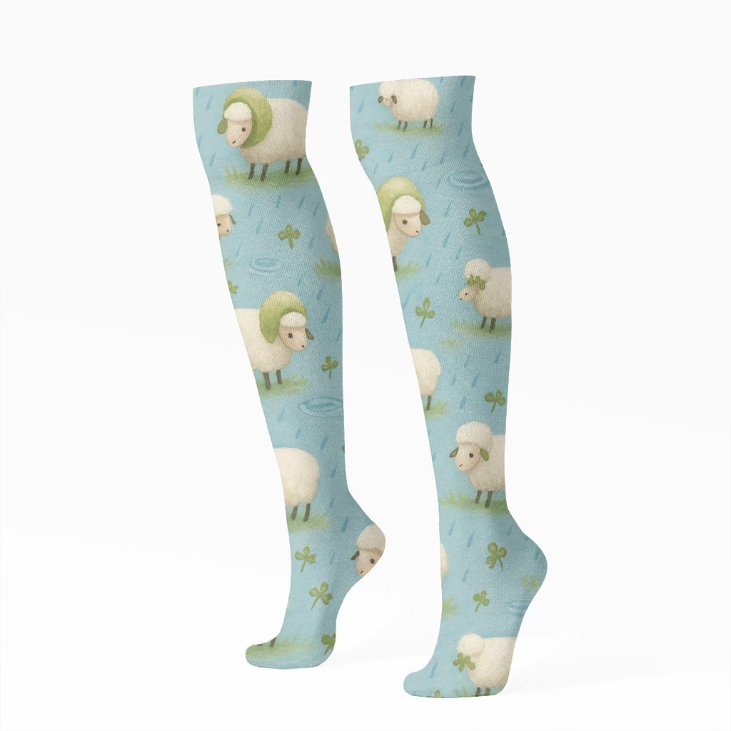 Rain-Kissed Sheep-Scatter Meadow Tiles soft everyday knee-high socks