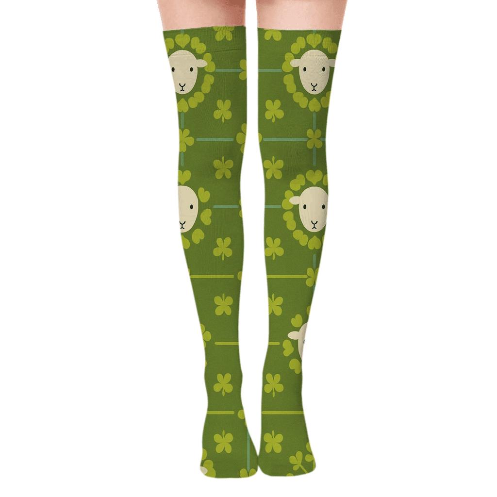 Clover Crown Parade With Sheep Motifs premium cozy over-the-knee socks