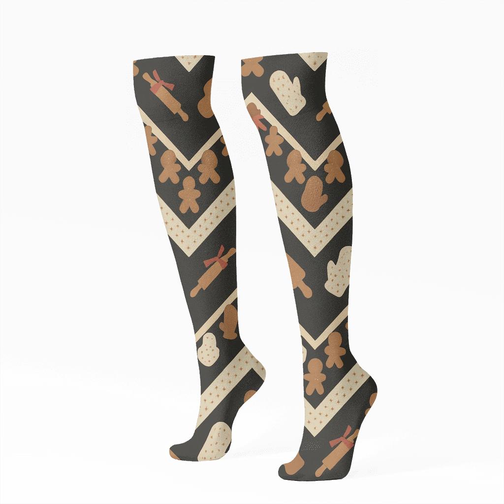 Gingerbread Chevron With Mrs Claus Baking Rhythm premium sports knee-high socks