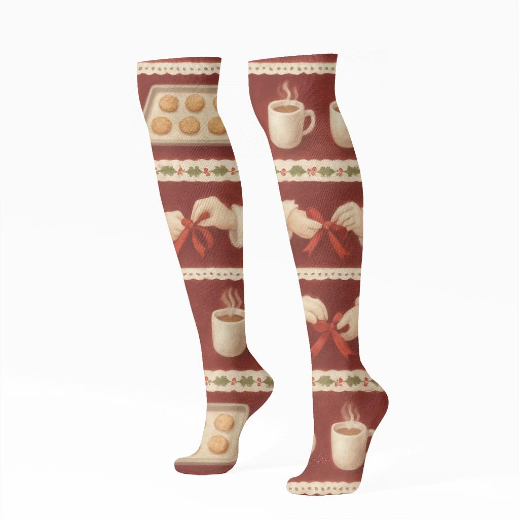 Cookie Tray Border With Festive Mrs Claus Storyband designer print knee-high socks