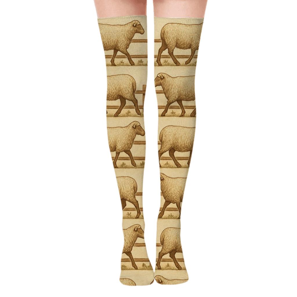 Pasture Fence Rhythm Pattern Sheep premium cozy over-the-knee socks