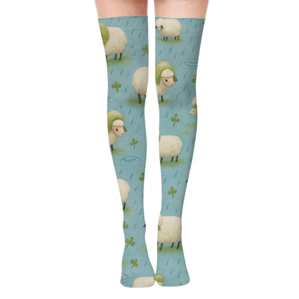 Rain-Kissed Sheep-Scatter Meadow Tiles custom over-the-knee socks