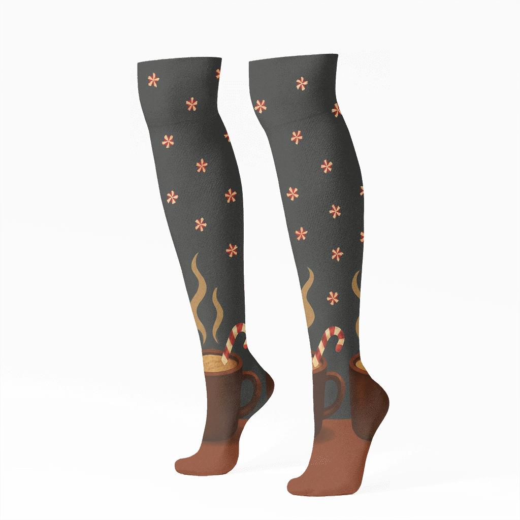 Starlit Mug Border With Cozy Candy Canes designer print knee-high socks