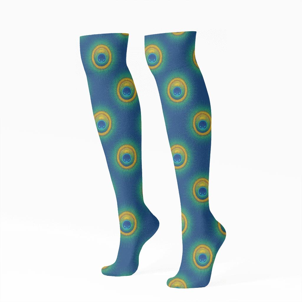 Peafowl Eye Spot Orbit On Regal Blue trendy patterned knee-high socks