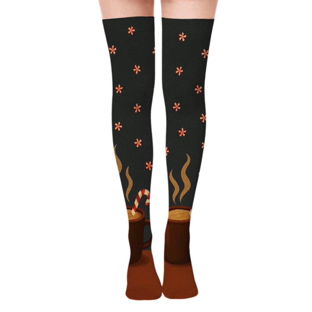 Starlit Mug Border With Cozy Candy Canes unique graphic over-the-knee socks