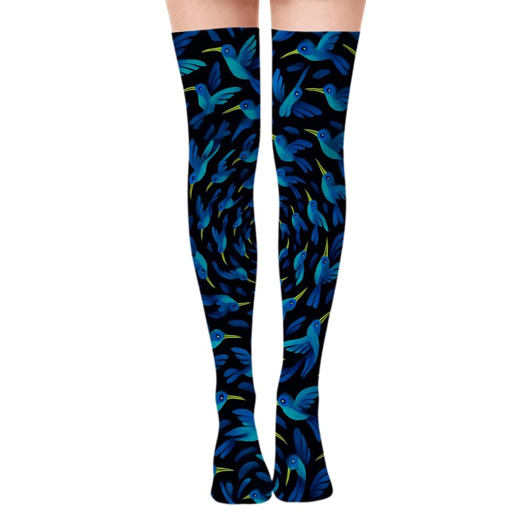 Cerulean Hummingbird Spiral Flight On Midnight Field trendy patterned over-the-knee socks