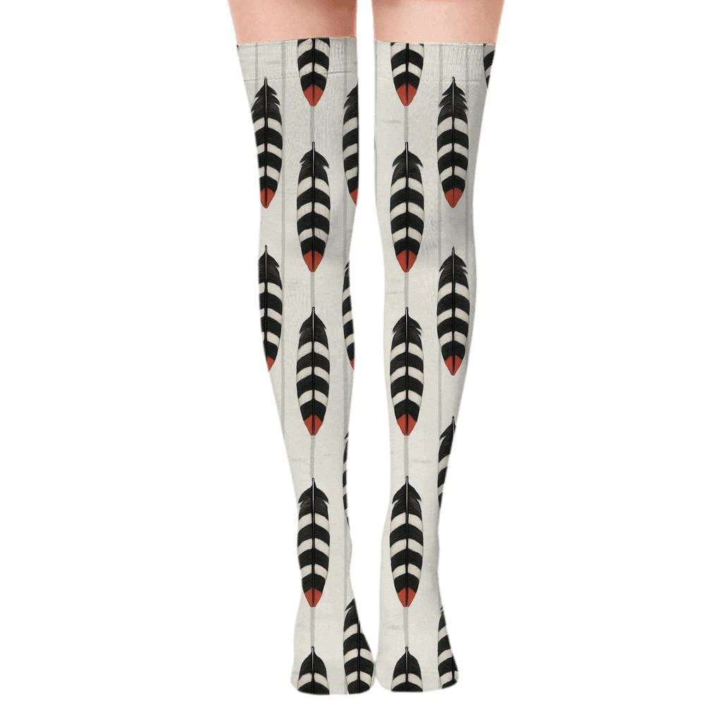 Woodpecker Tail Feather Ladder On Birch White premium cozy over-the-knee socks