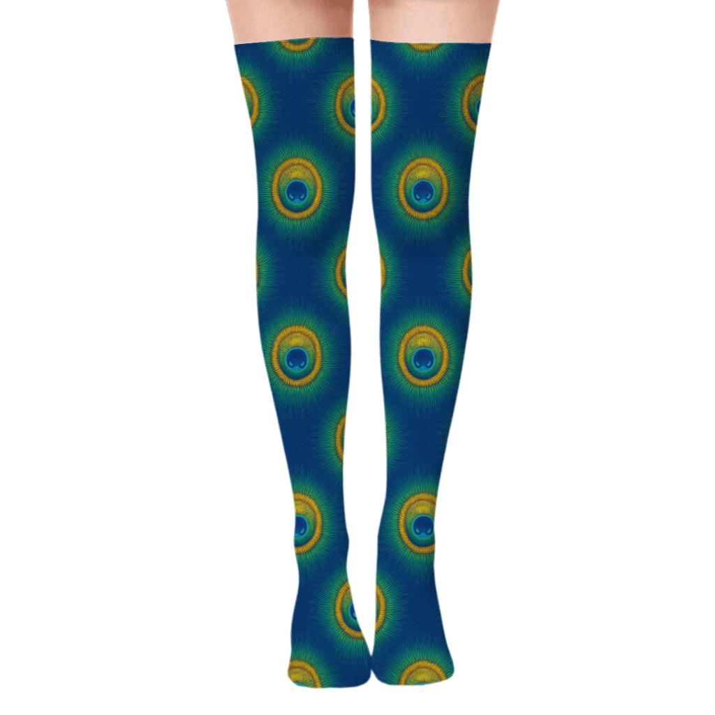 Peafowl Eye Spot Orbit On Regal Blue stylish fashion over-the-knee socks