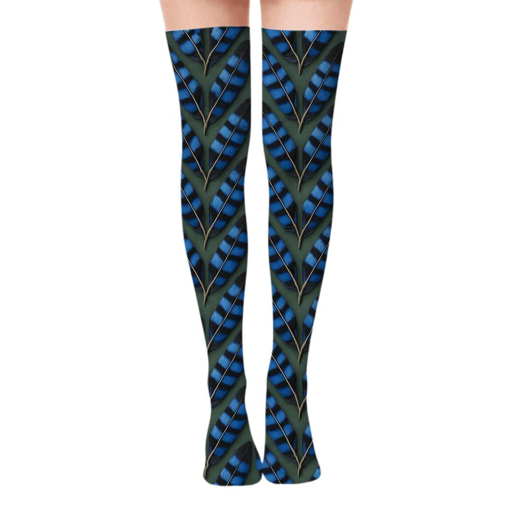 Jay Feather Herringbone On Dusty Forest designer print over-the-knee socks