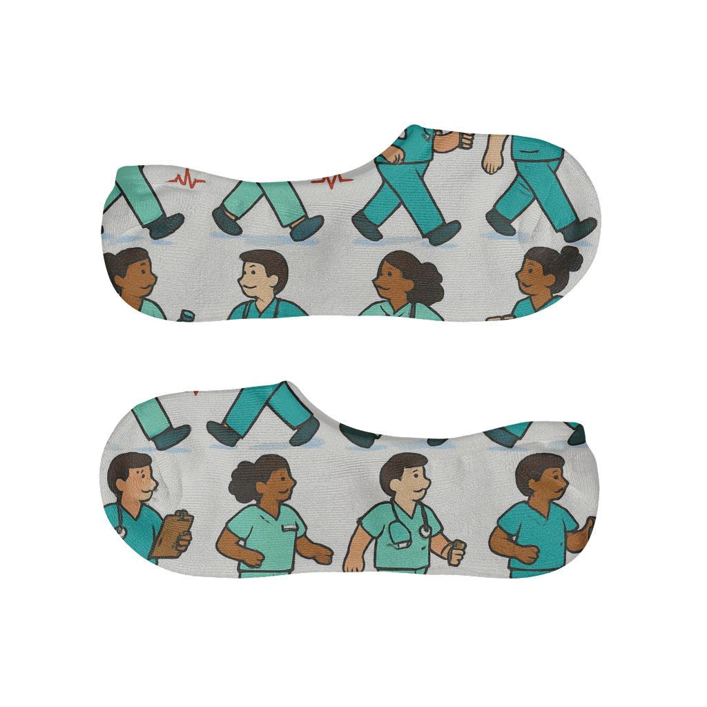 Cartoon Nurses Shift Parade On Clinical White personalized no-show socks
