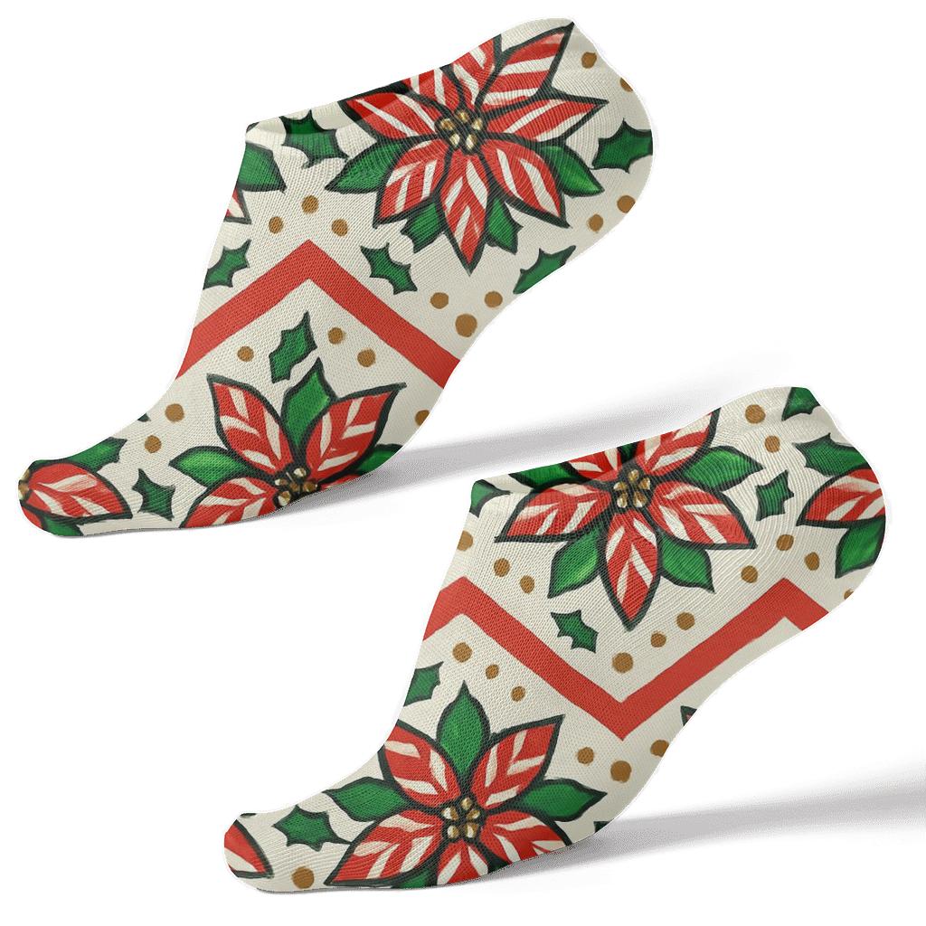 Candy Cane Poinsettia Chevron On Ivory soft everyday ankle socks