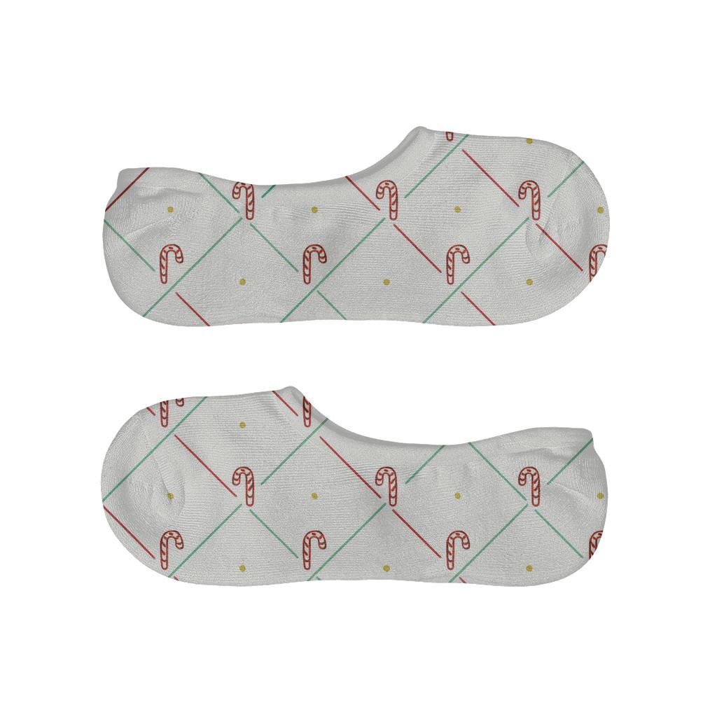 Peppermint Ribbon Grid With Candy Canes Accents soft cotton no-show socks