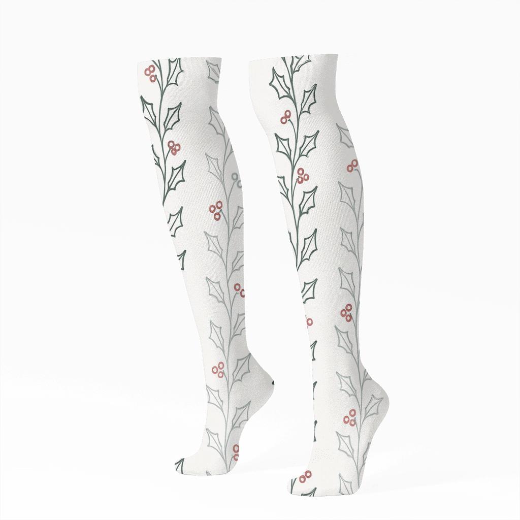 Frosted Holly Garland Vines trendy patterned knee-high socks