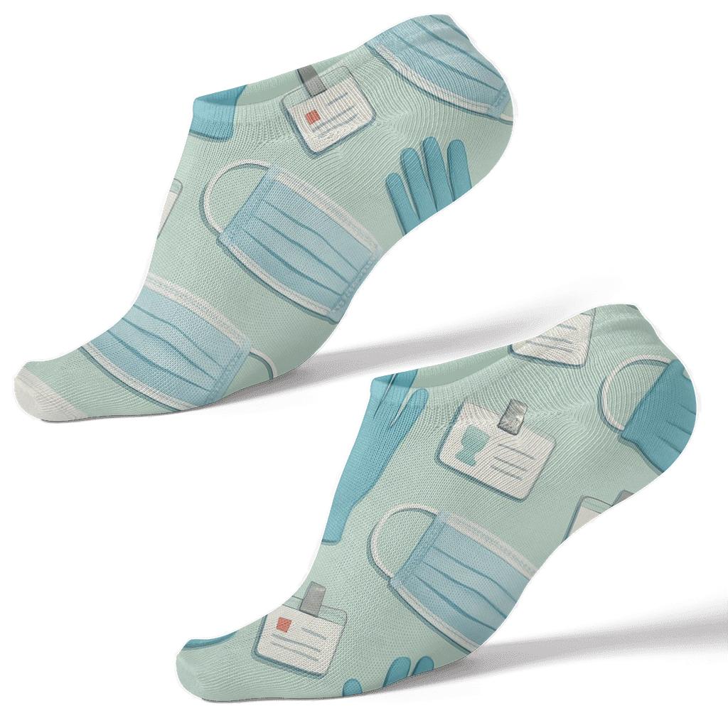 Collage Of Masks And Gloves On Mint Field unique graphic ankle socks