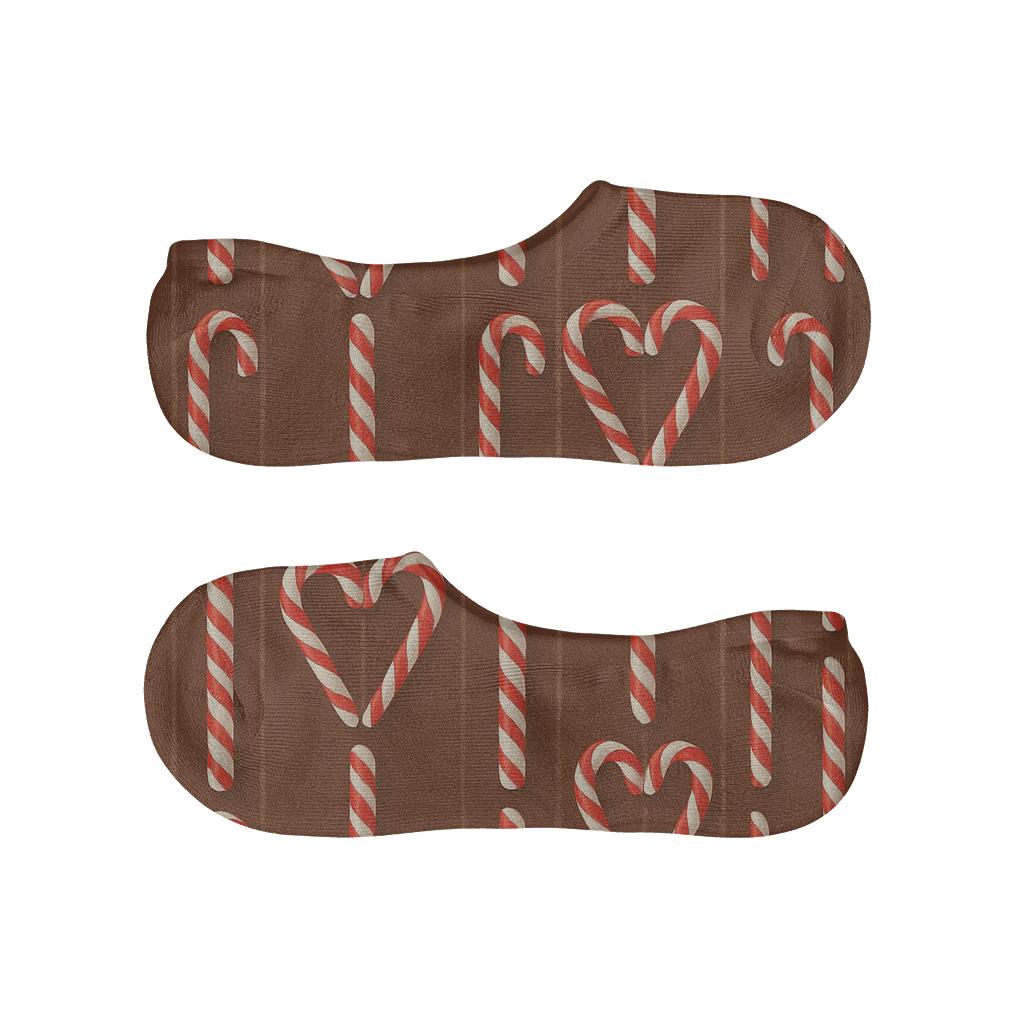 Candy Canes Parade On Midnight Cocoa designer printed no-show socks