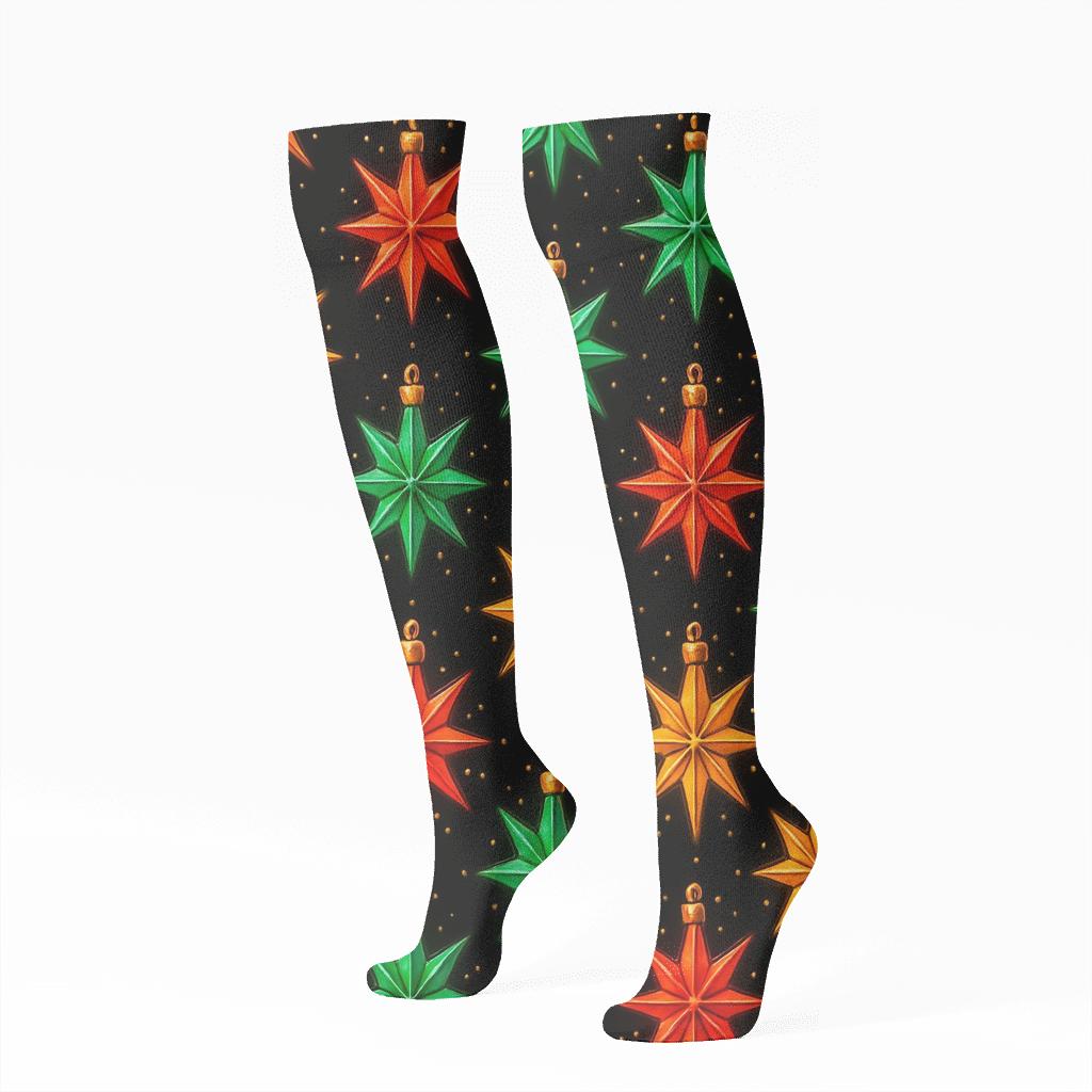 Holiday Starburst Ornaments On Black Velvet custom knee-high socks