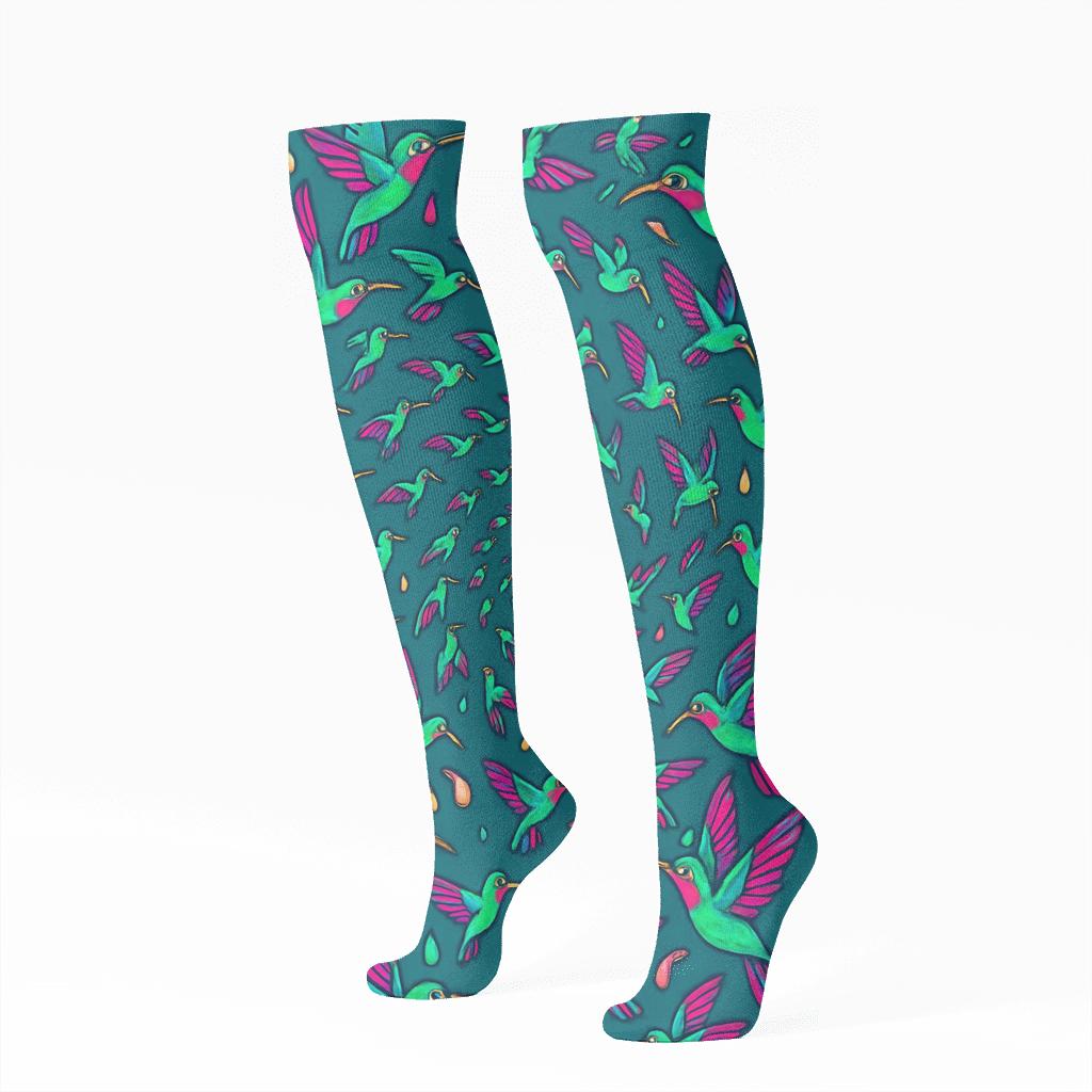 Hummingbird Nectar Spiral On Teal Field custom knee-high socks