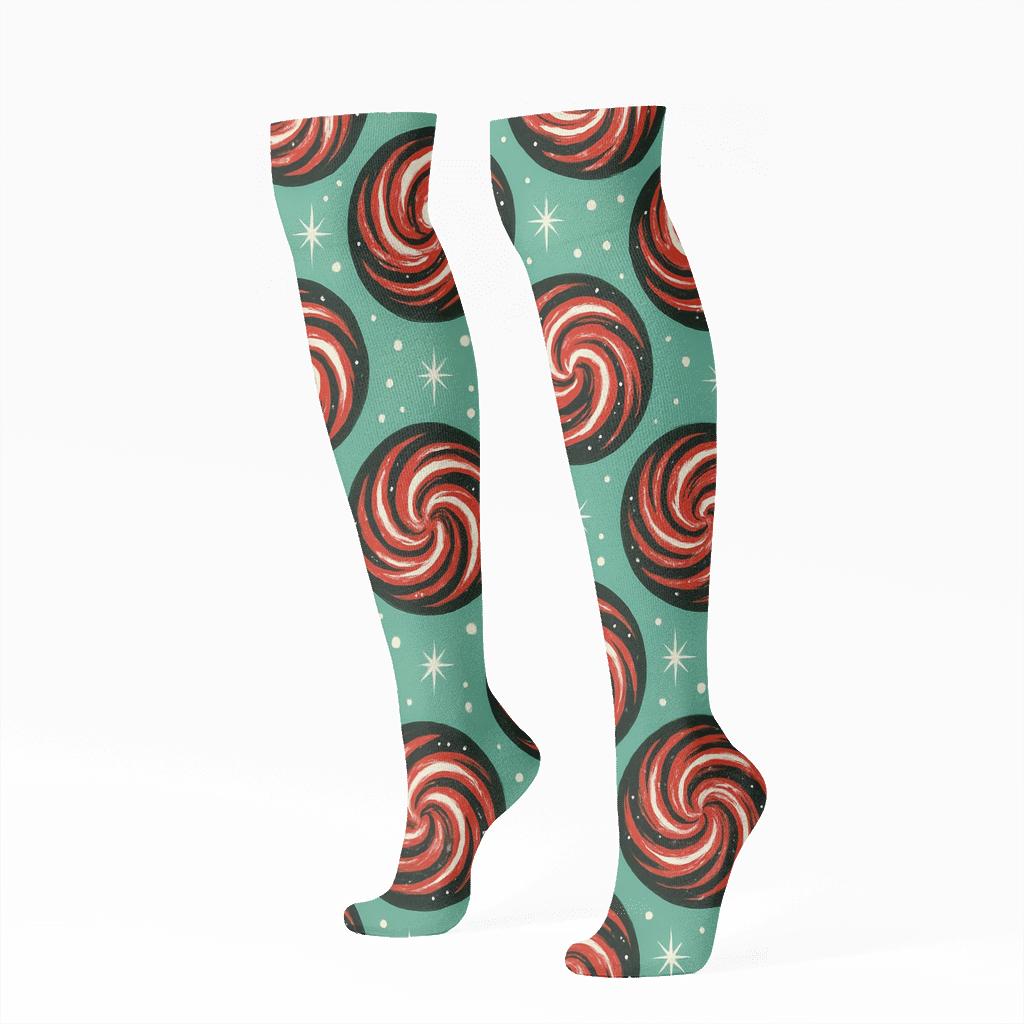 Peppermint Swirl Christmas Galaxy Dots trendy patterned knee-high socks