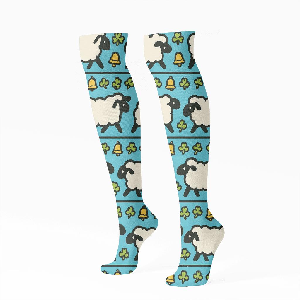 Clover Field With Sheep Silhouettes Band unique graphic knee-high socks