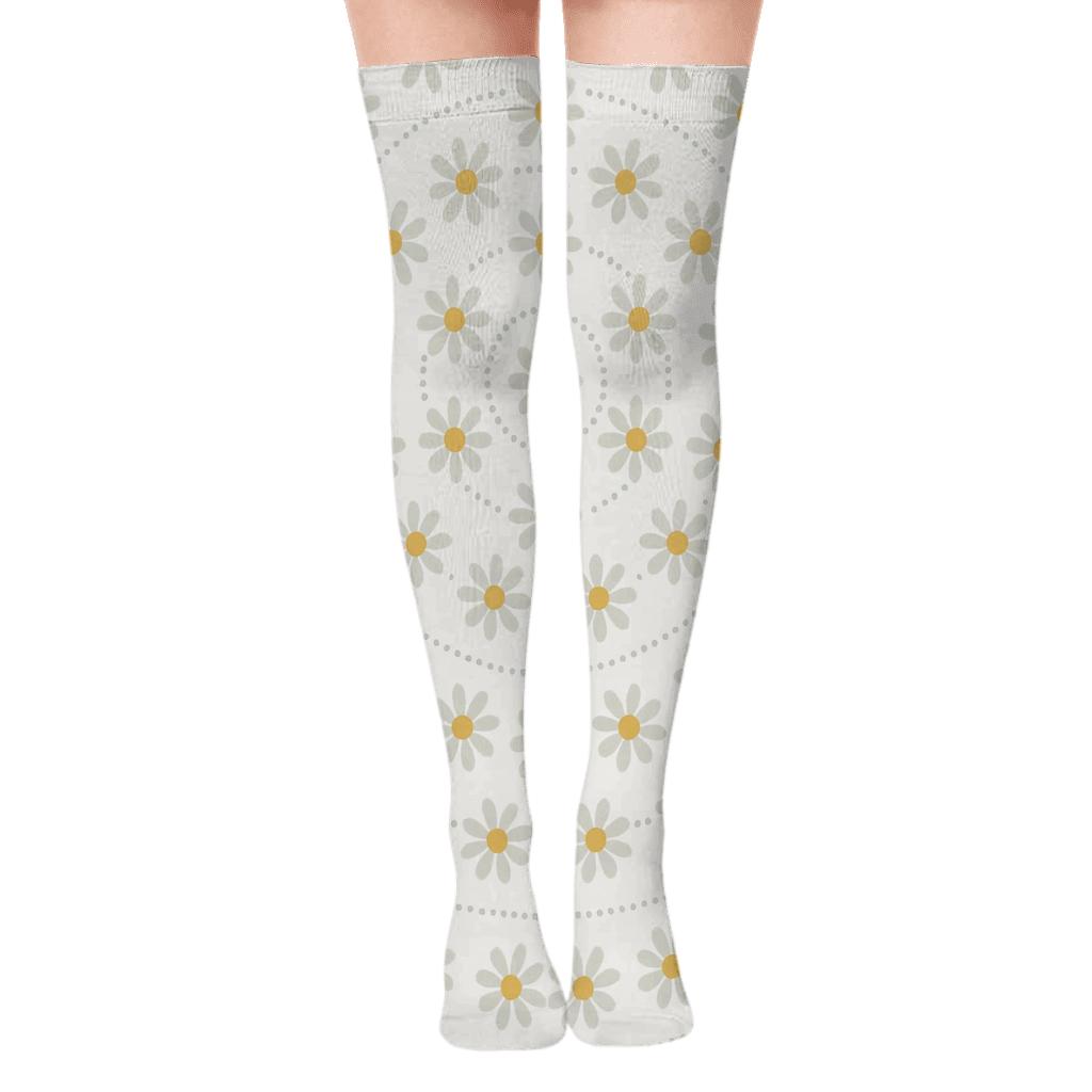 Solar Daisy Orbit Rings On White Background unique graphic over-the-knee socks
