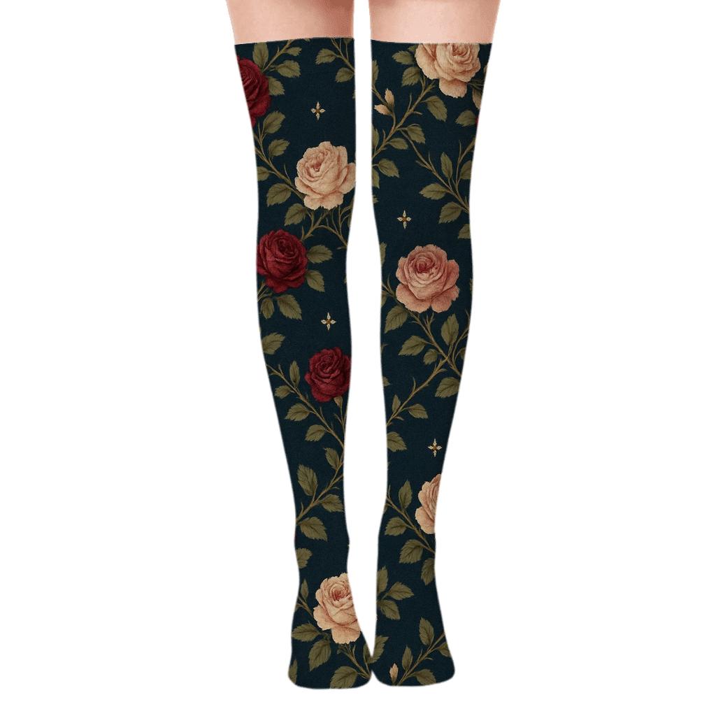 Starlit Rose Lattice On Deep Indigo comfortable cotton over-the-knee socks