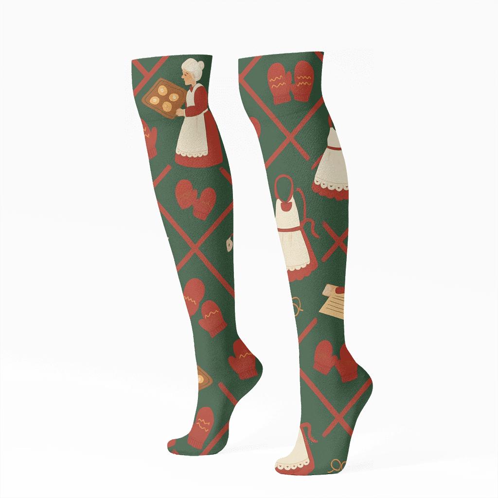 Apron Lattice With Mrs Claus Kitchen Story soft everyday knee-high socks