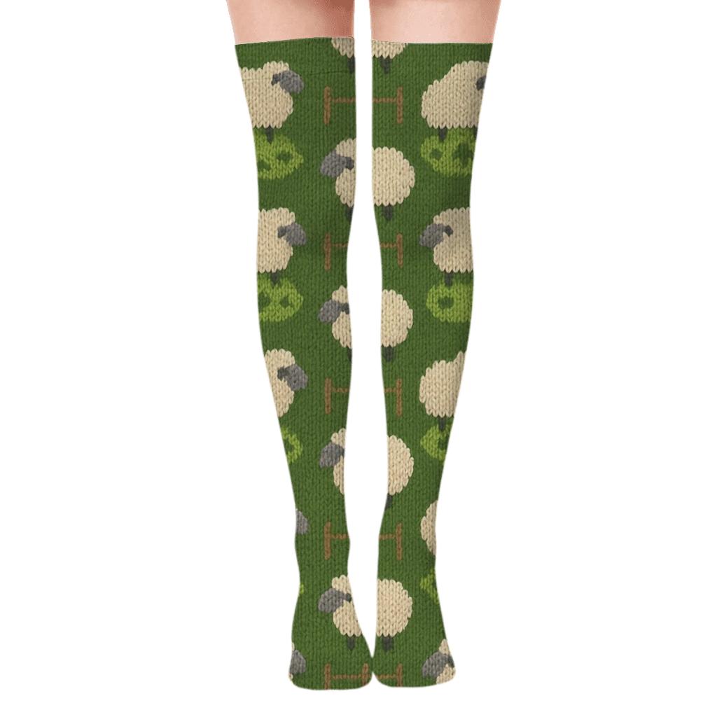 Sheep In Clover Hilltop Grid unique graphic over-the-knee socks