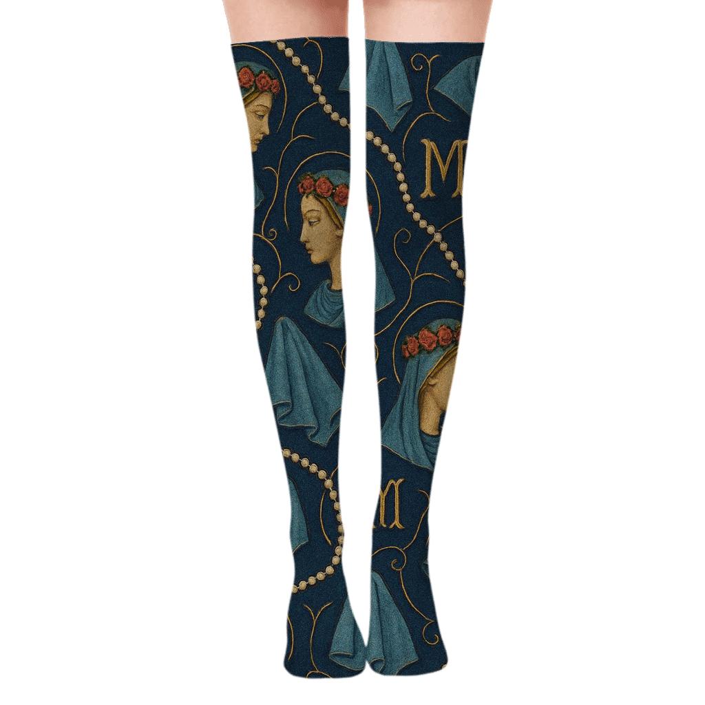 Rose-Crowned Mary Collage Tapestry comfortable cotton over-the-knee socks