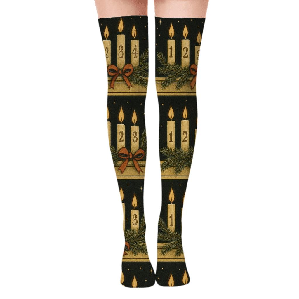 Starfield Advent-Candles Mantel Motif designer print over-the-knee socks