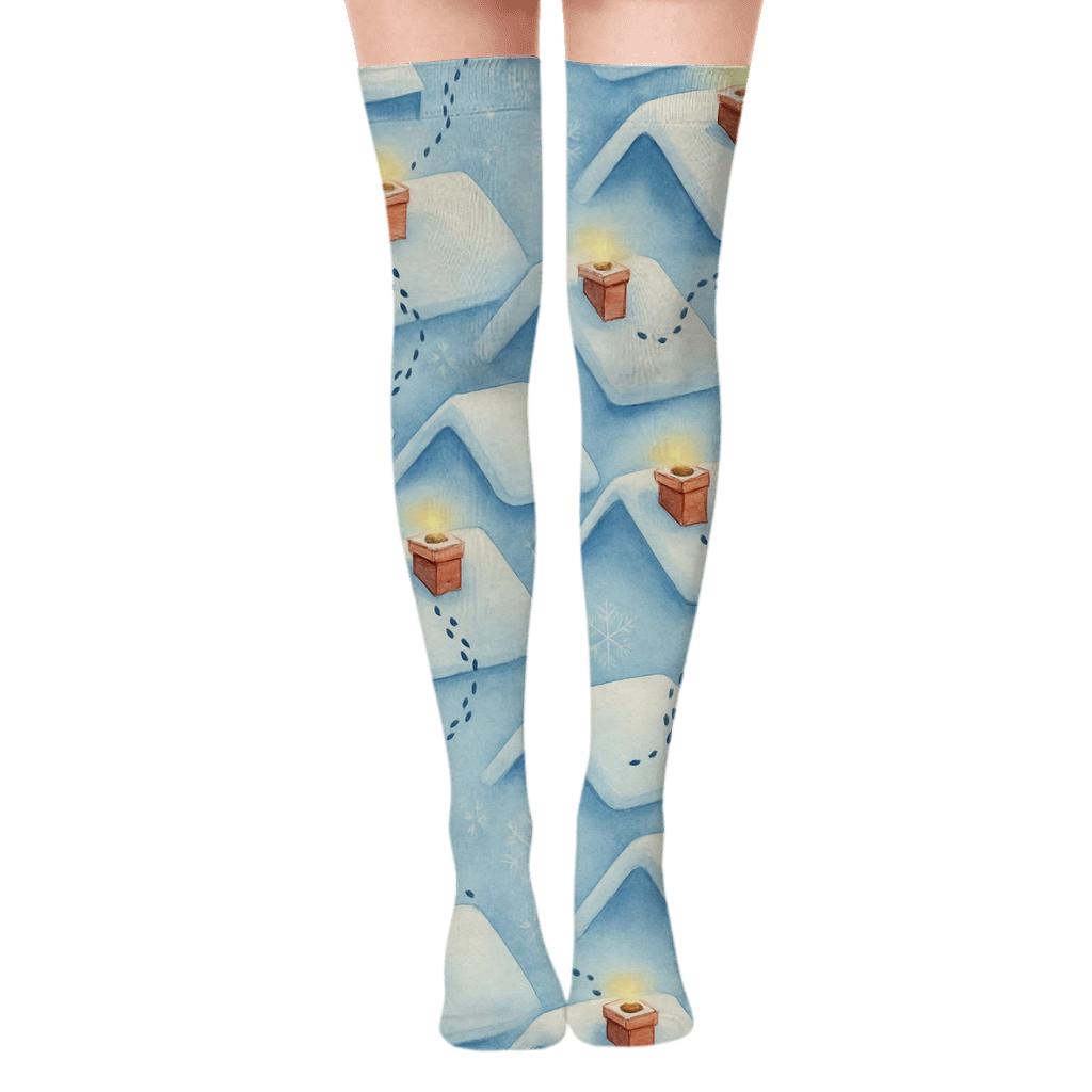 Rooftop Footprints Pattern Santa Claus Style unique graphic over-the-knee socks