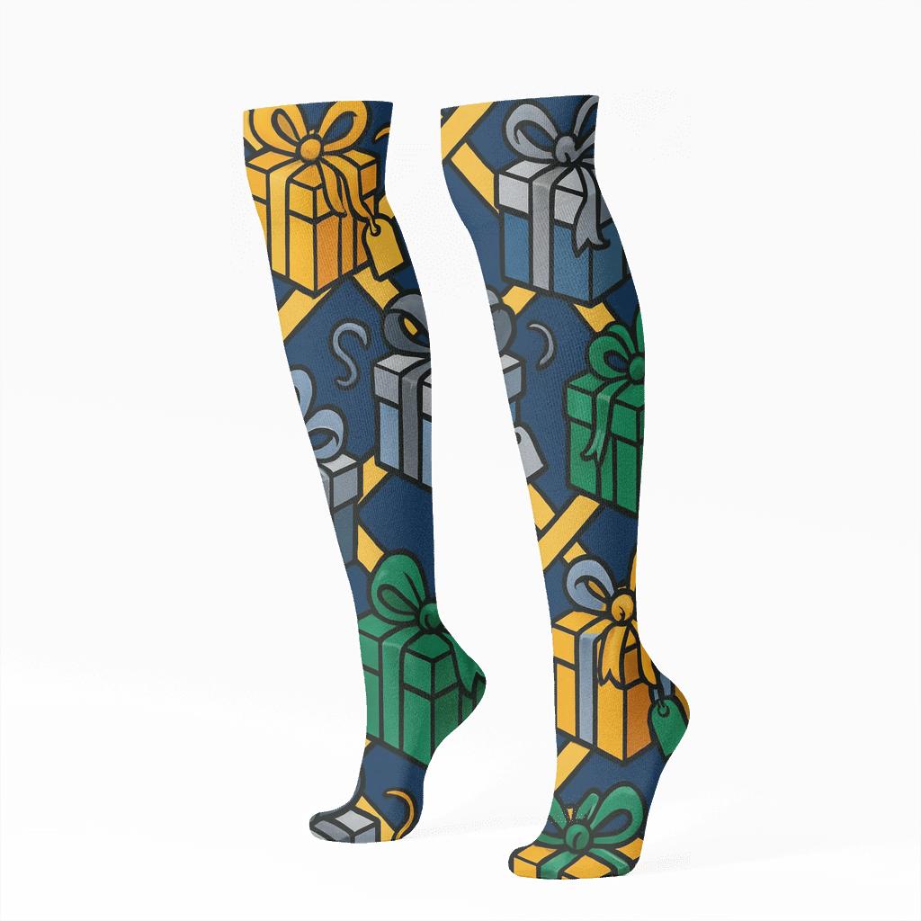Diagonal Gift Lattice With Presents Charms designer print knee-high socks