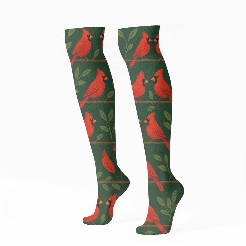 Cardinal Branch Border Bands On Forest Green comfortable cotton knee-high socks