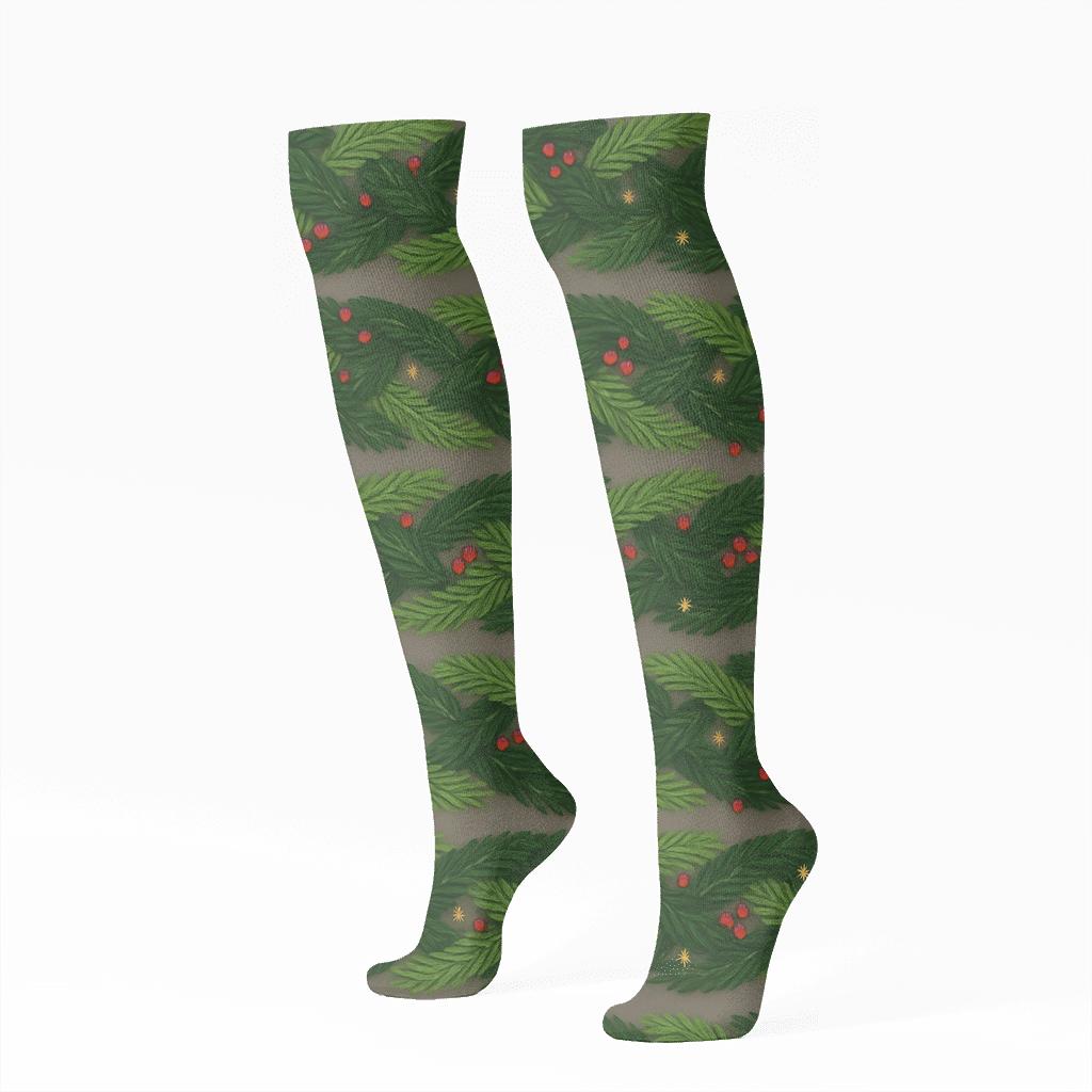 Evergreen Branch Xmas Weave Bands trendy patterned knee-high socks