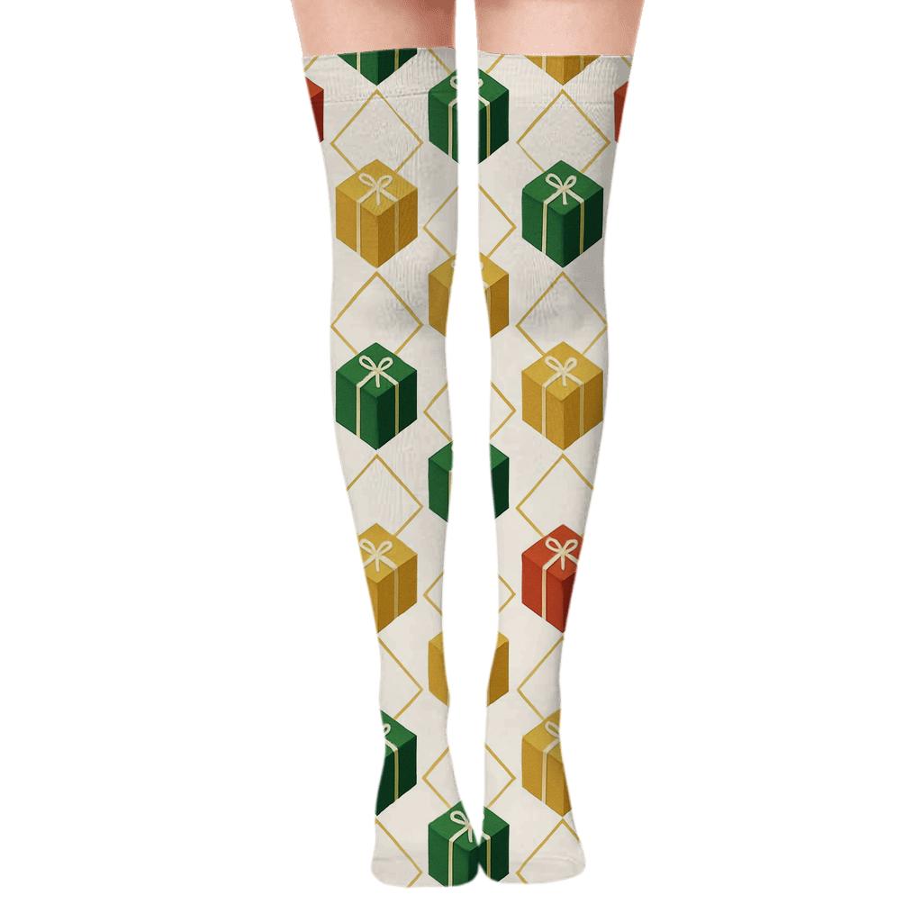 Presents Parade Ribbon Grid designer print over-the-knee socks