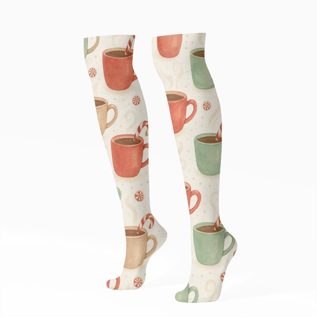 Snowy Mug Row With Candy Canes Stirrers custom knee-high socks