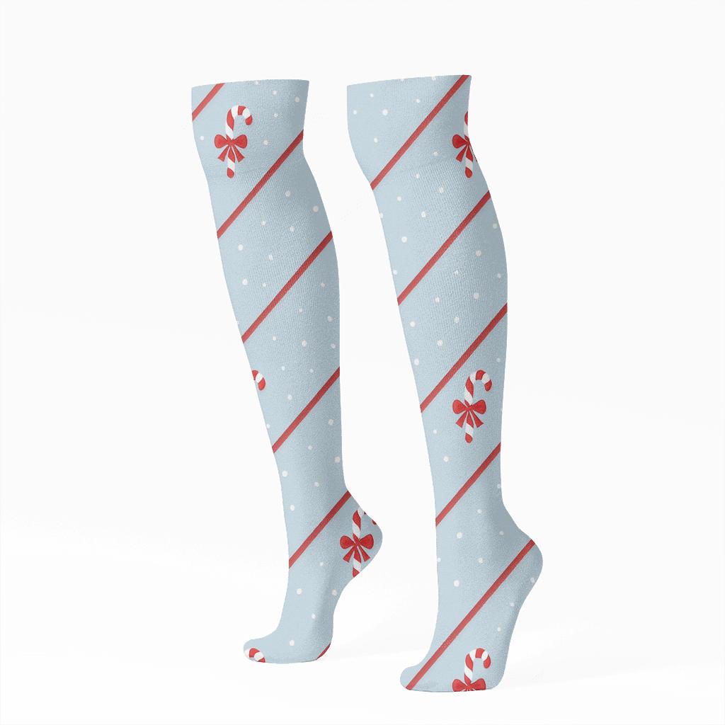Diagonal Ribbon Trail Holiday Candy Canes personalized knee-high socks