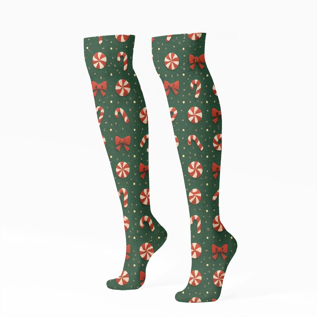 Twinkling Confetti Grid Candy Canes Edition comfortable cotton knee-high socks