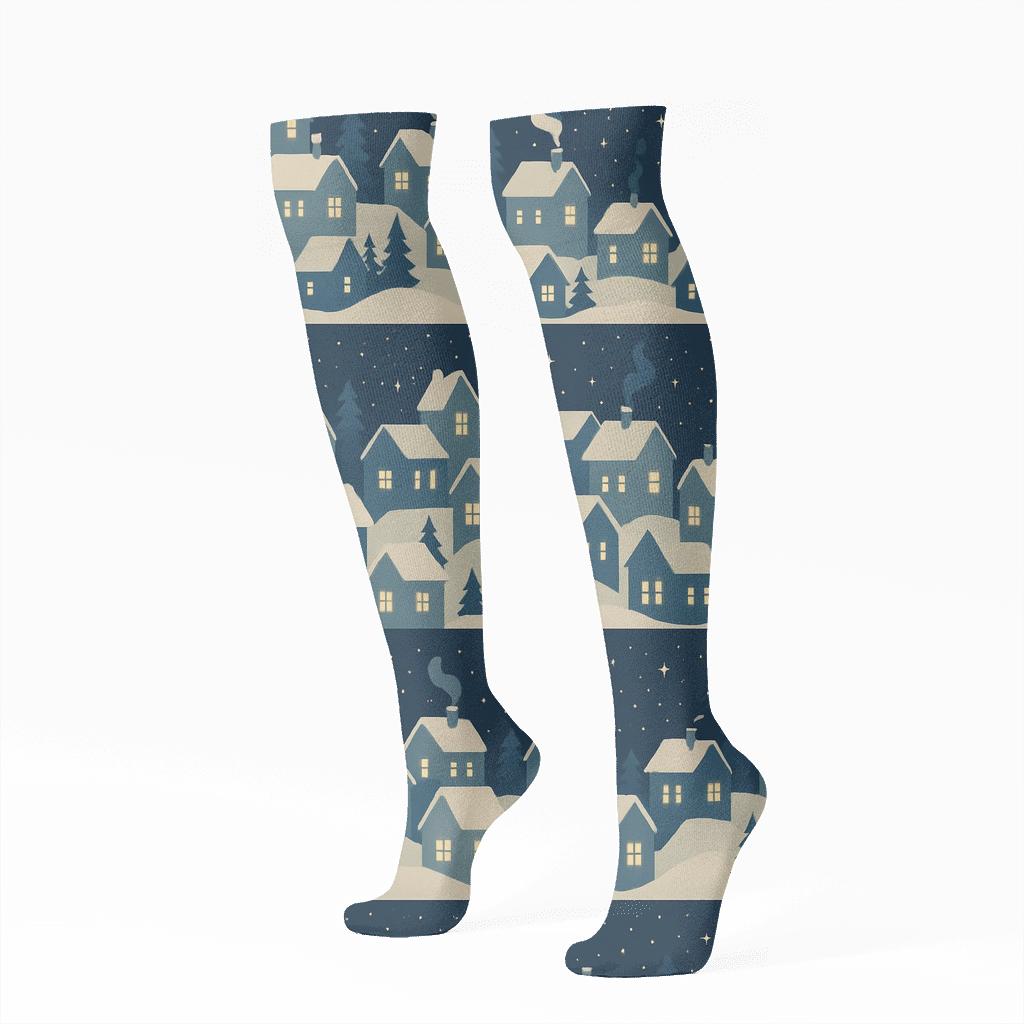 Layered Snowy House Holiday Skyline Bands stylish athletic knee-high socks