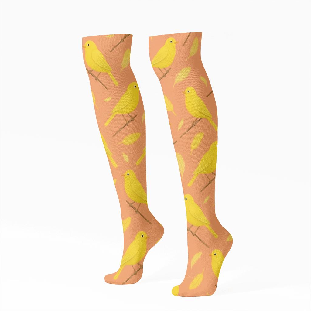 Canary Perch Diagonal Array On Coral designer print knee-high socks