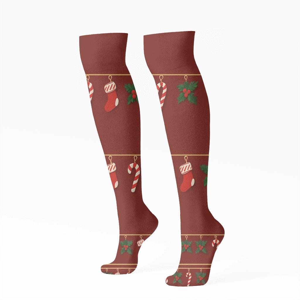 Holiday Mantel Stripe With Candy Canes Motifs premium sports knee-high socks
