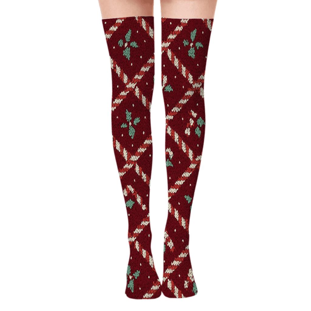 Candy Canes Winter Lattice On Deep Cranberry unique graphic over-the-knee socks