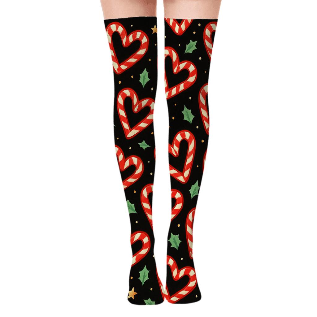 Candy Canes Heart Scatter On Midnight Black premium cozy over-the-knee socks
